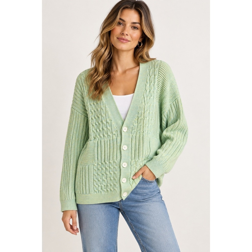 Zara Cardigan Womens Large Mint Green Excellent Cable Knit Button V-Neck Sweater